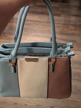 KKXIU Colorblock Satchel Handbag - Tricolor Blue Brown Cream Triple Zip Purse